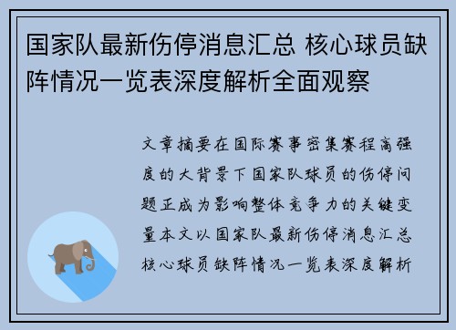 国家队最新伤停消息汇总 核心球员缺阵情况一览表深度解析全面观察