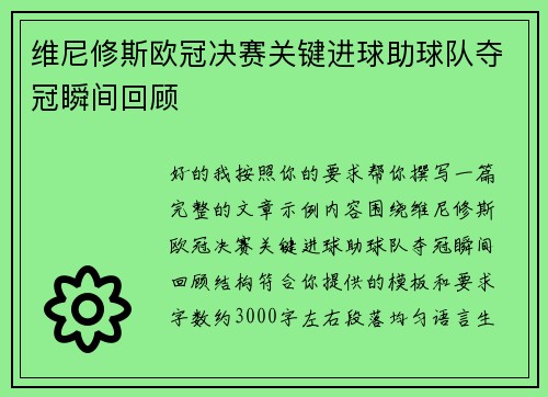 维尼修斯欧冠决赛关键进球助球队夺冠瞬间回顾